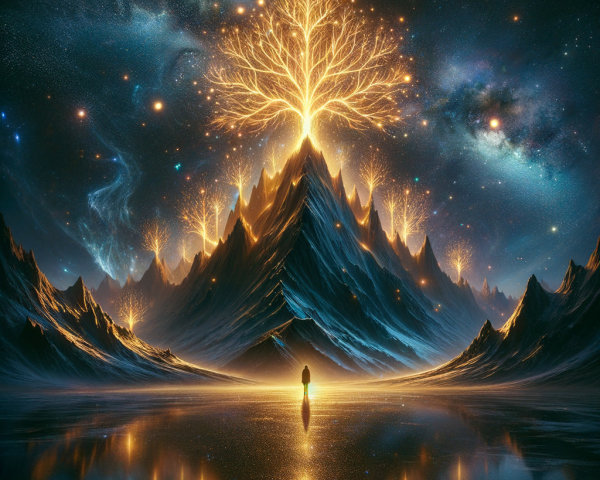 Majestic Mountain Landscape with Starry Sky and Tree
