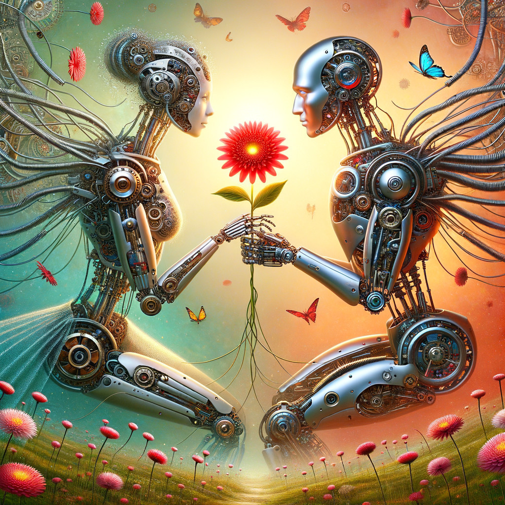 Futuristic Robots Sharing Flower in Surreal Landscape