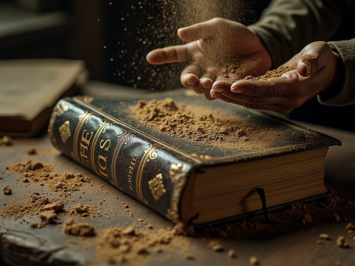 Dust Particles Above Ornate Book on Wooden Surface