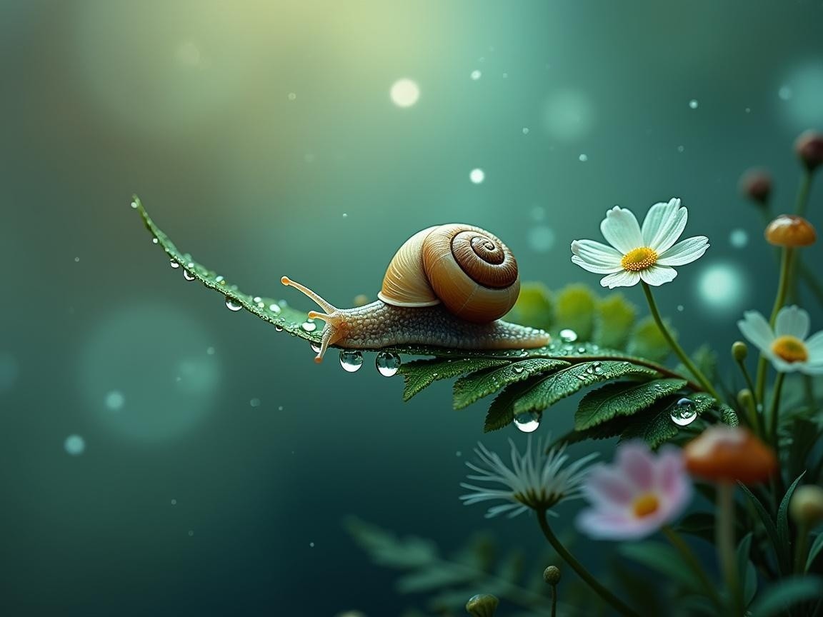 Close-up of a snail on a green leaf with flowers