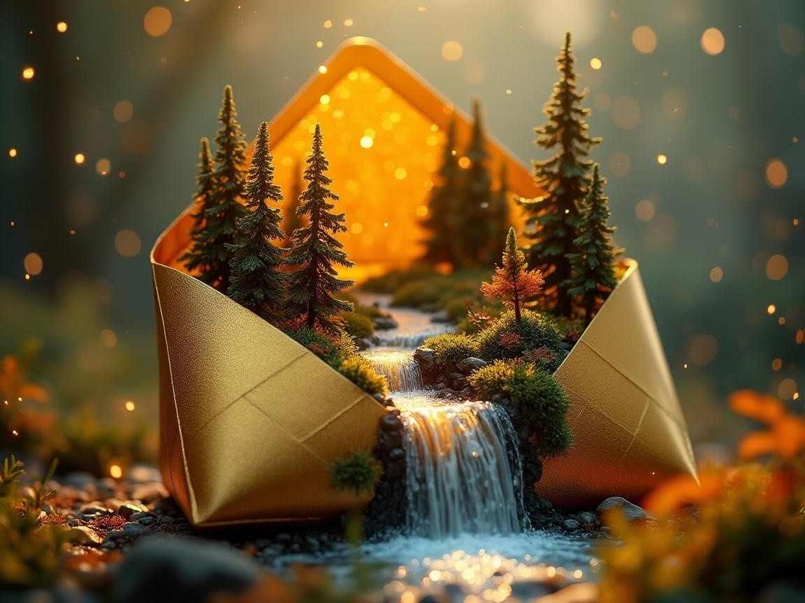 Miniature Landscape with Waterfall in Golden Envelope