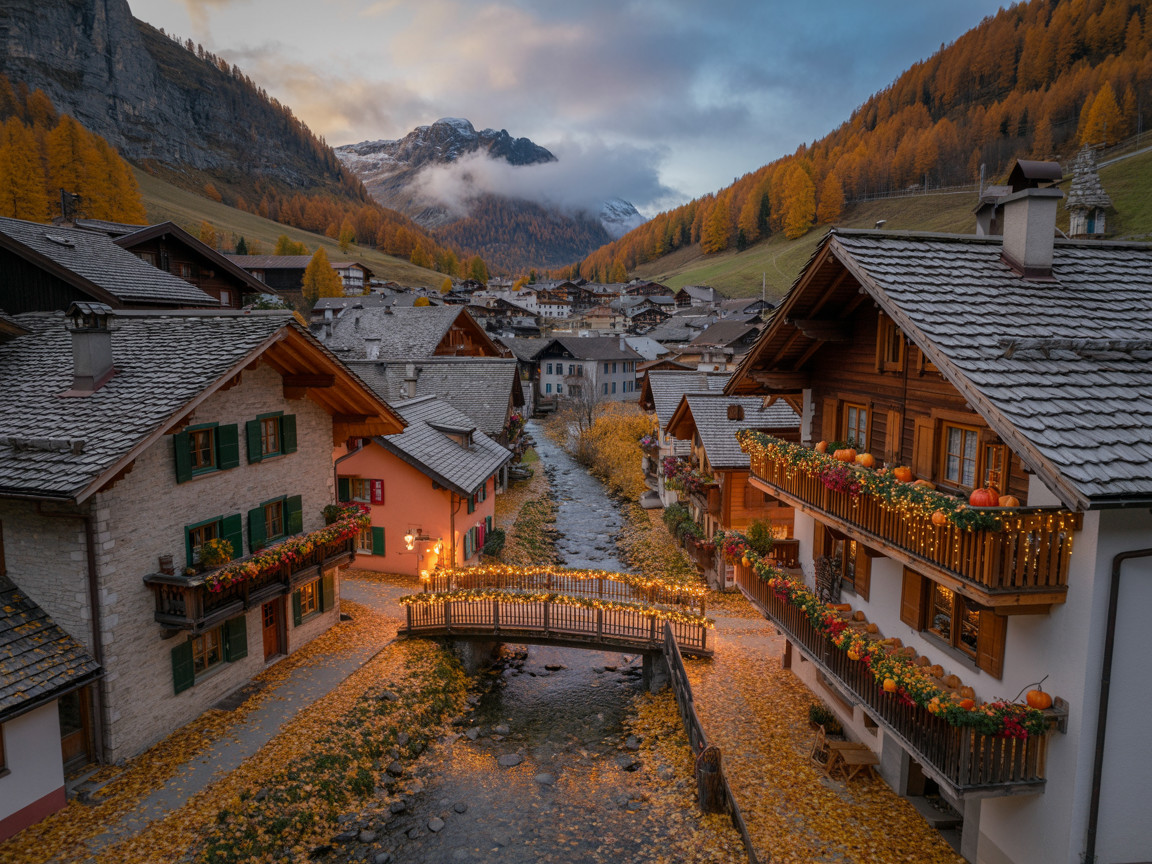 Picturesque Village in a Valley Surrounded by Mountains