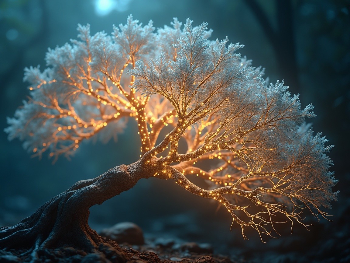 Illuminated Tree in a Misty Forest Setting