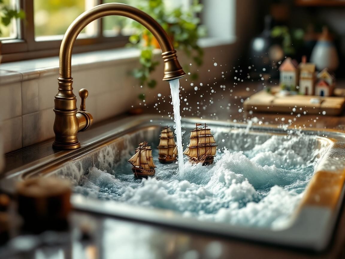 Whimsical Kitchen Sink with Model Ships and Sunlight