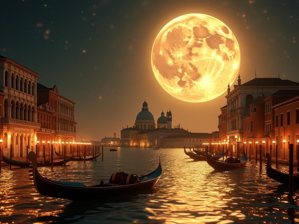 Tranquil Evening Scene of Venice with Gondolas and Moonlight