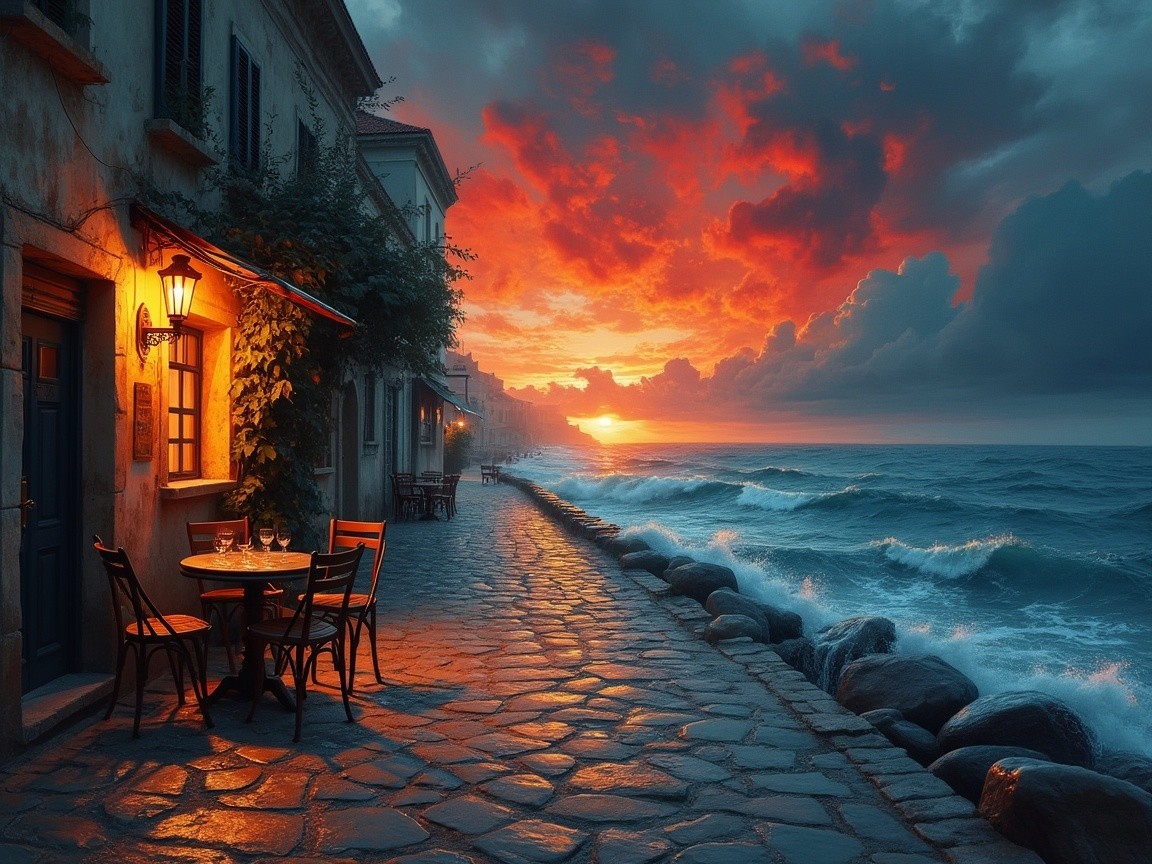 Coastal Walkway with Sunset and Charming Buildings
