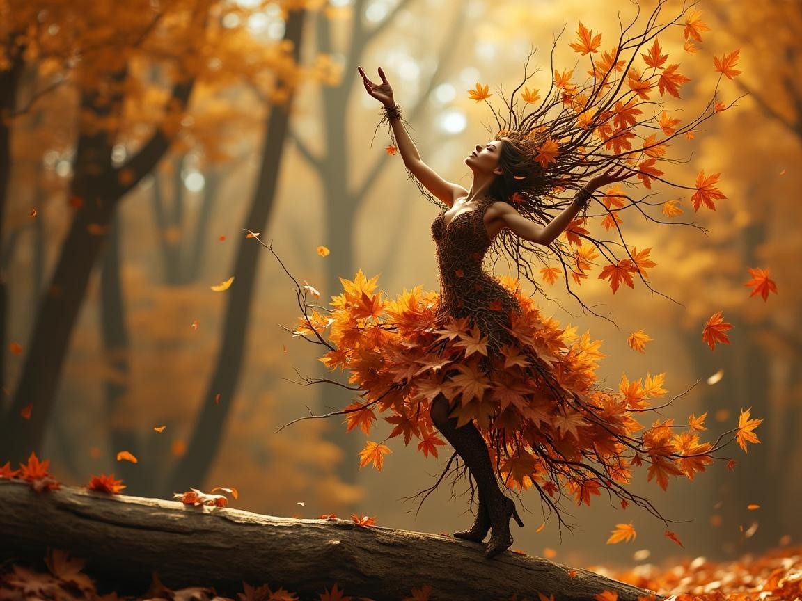 Autumn Forest Dance with Leaf-Inspired Dress