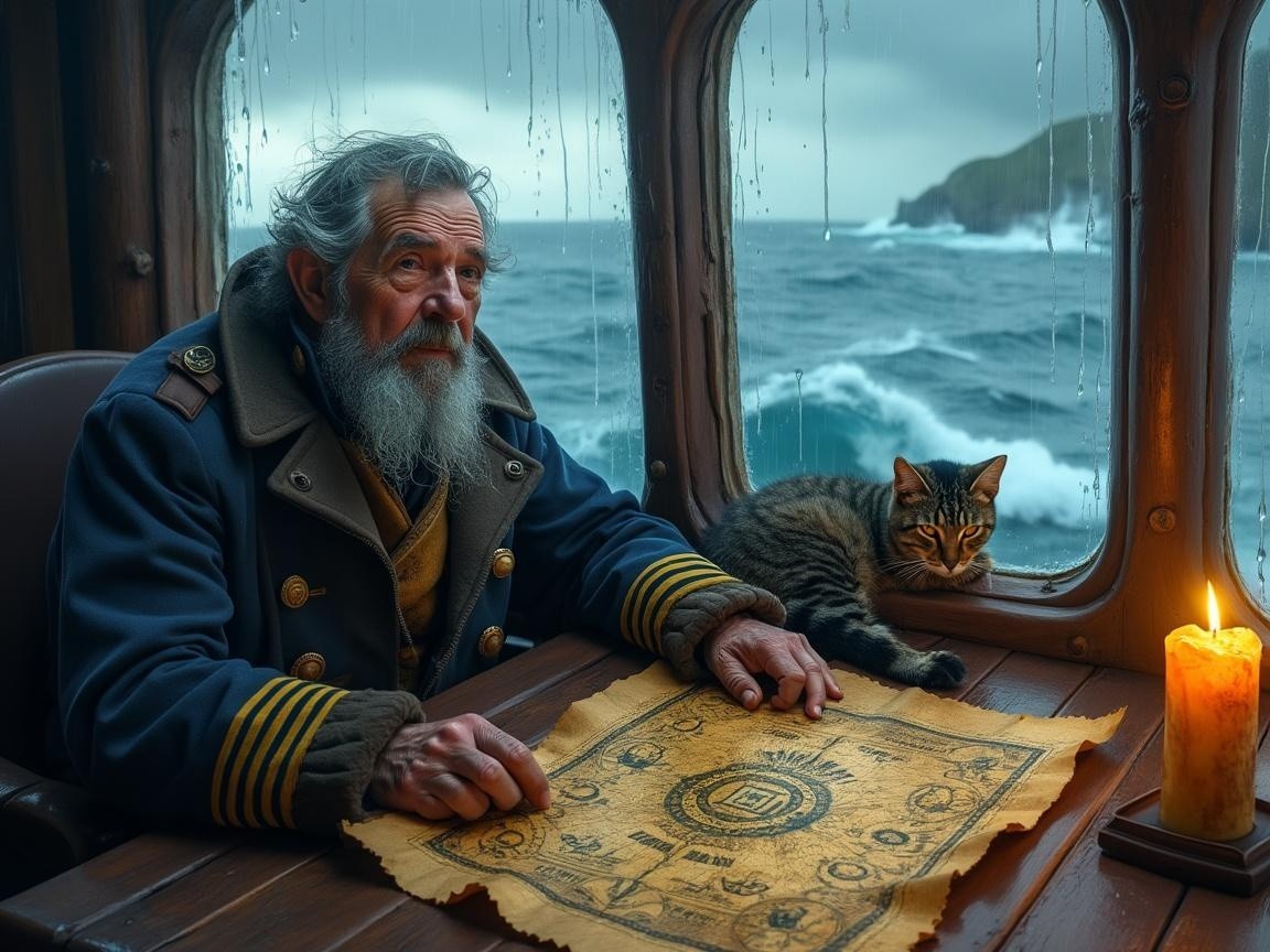 Elderly Mariner Examining Treasure Map by Window