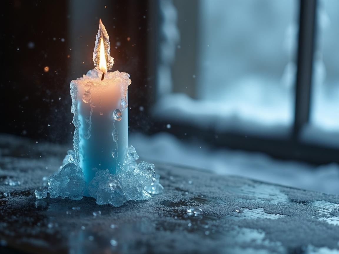 Candle on Wooden Surface Surrounded by Shimmering Ice