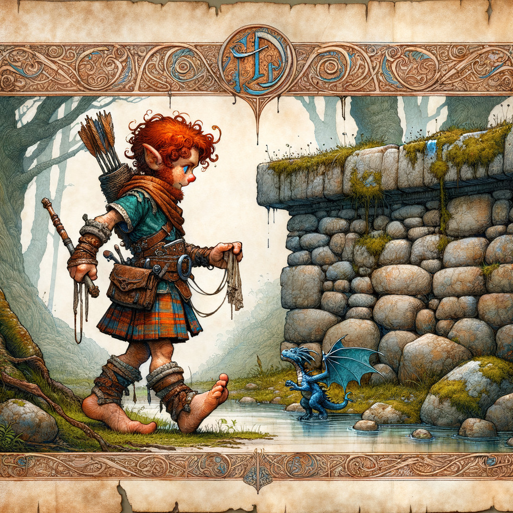 Whimsical Elf and Blue Dragon by a Stream in Forest