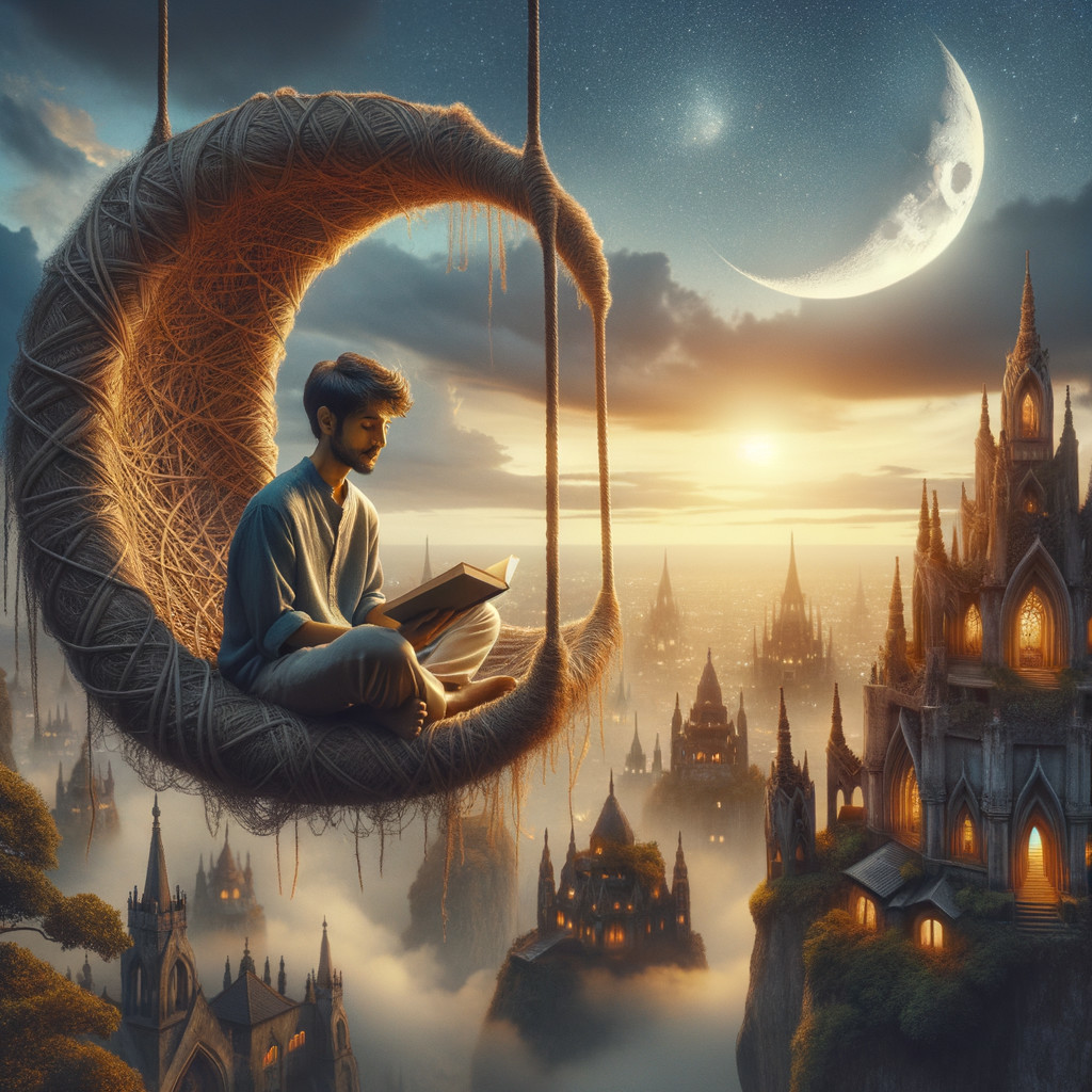 Young man reading in a woven chair at sunset