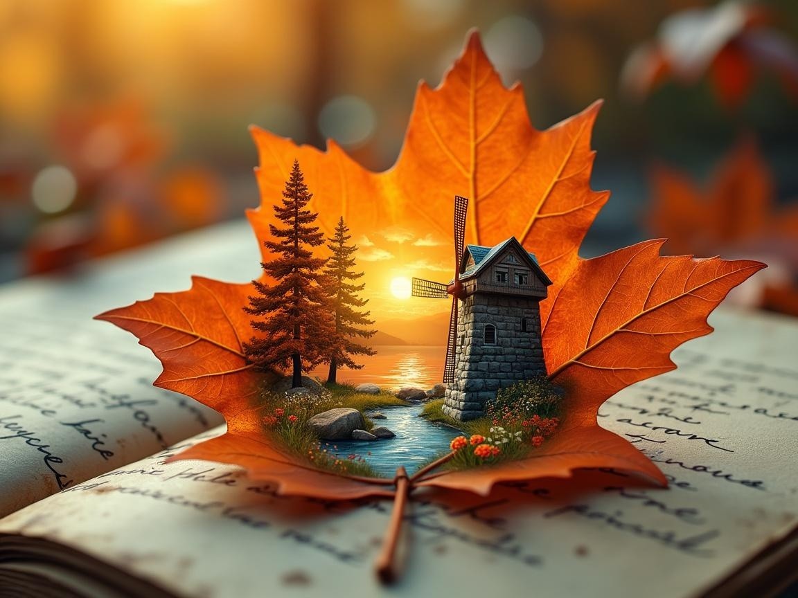 Autumn Leaf Scene with Riverside and Windmill Details