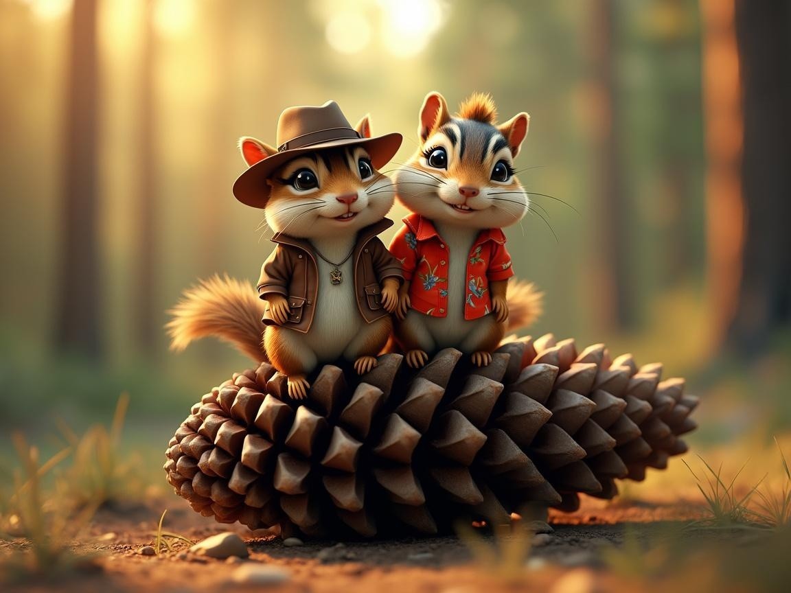 Cheerful Cartoon Chipmunks on Pinecone in Forest