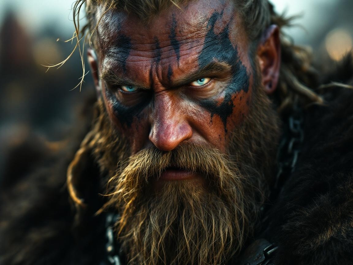 Fierce Warrior with Tribal Paint and Rugged Features