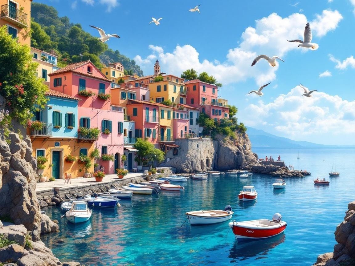 Coastal Scene with Colorful Houses and Blue Bay