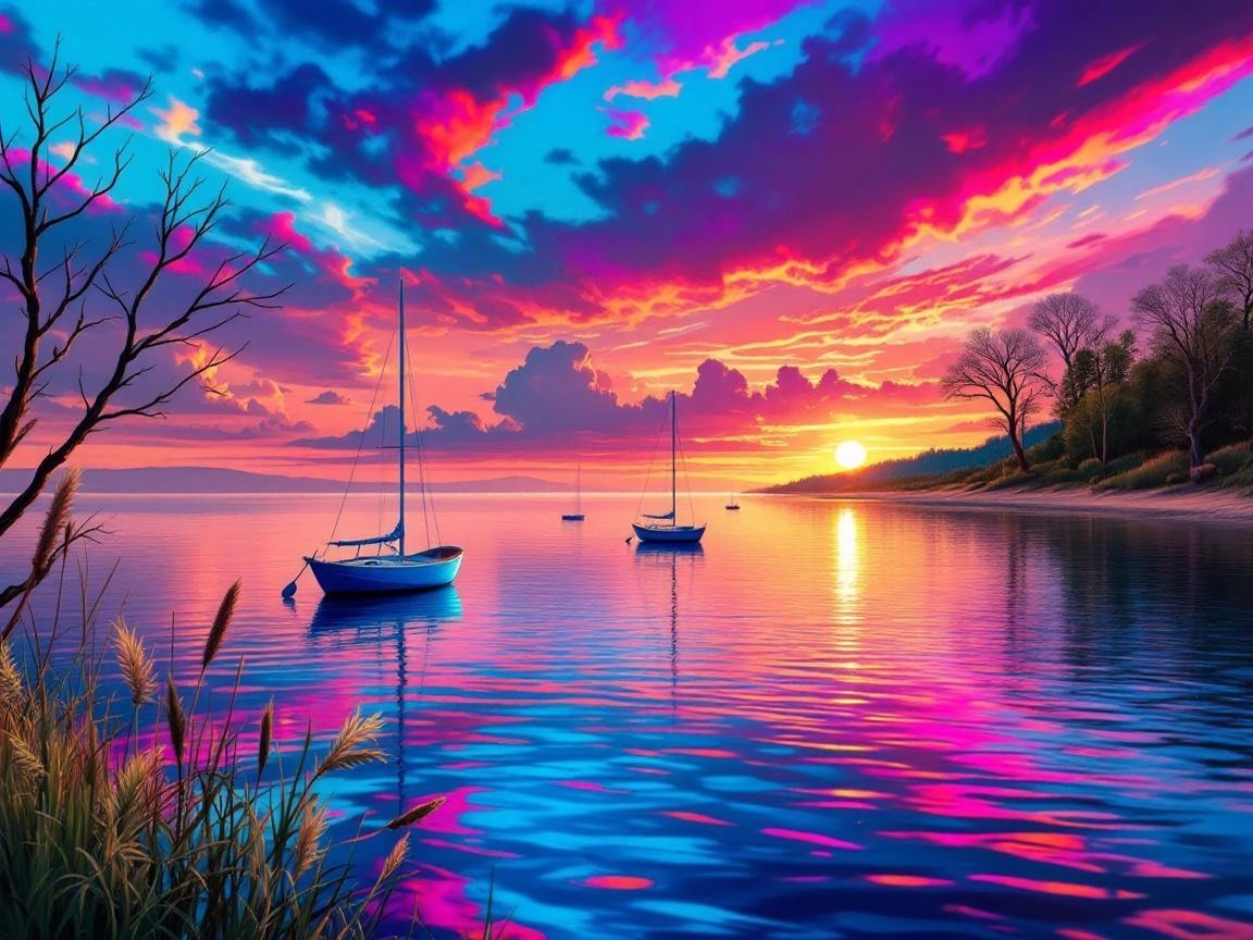 Tranquil Sunset Over Water with Silhouetted Sailboats