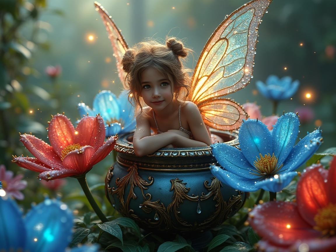 Young girl with butterfly wings in a vibrant garden