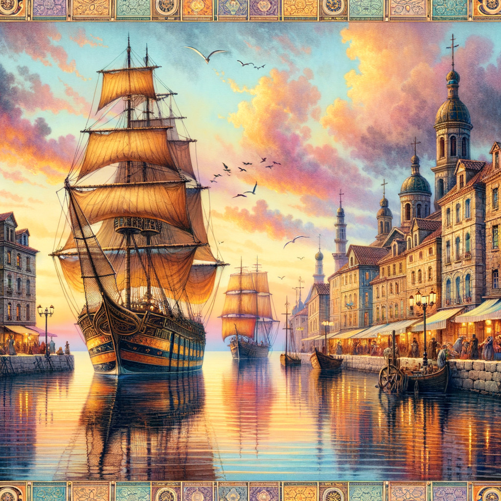 Serene Harbor at Sunset with Tall Ships and Colorful Buildings