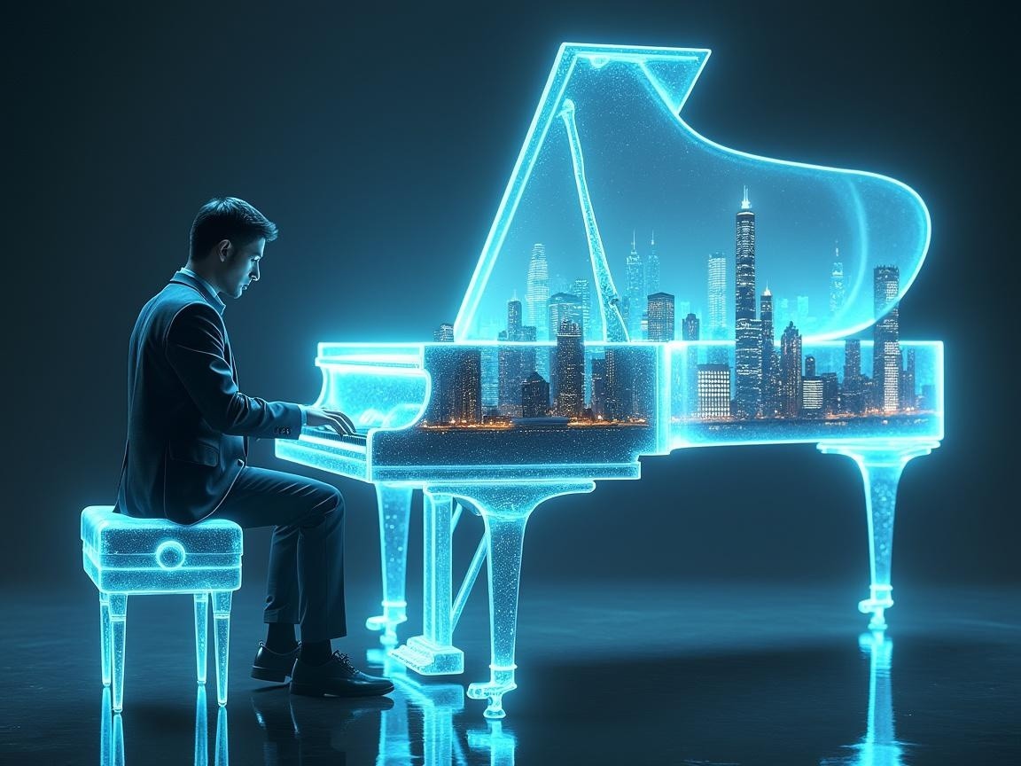Musician at Translucent Piano in Glowing Skyline