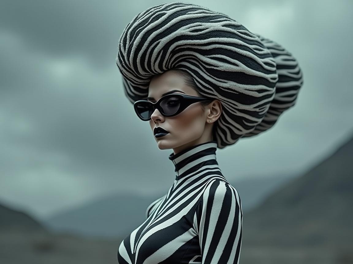 Bold Fashion in Black and White Stripes Against Landscape