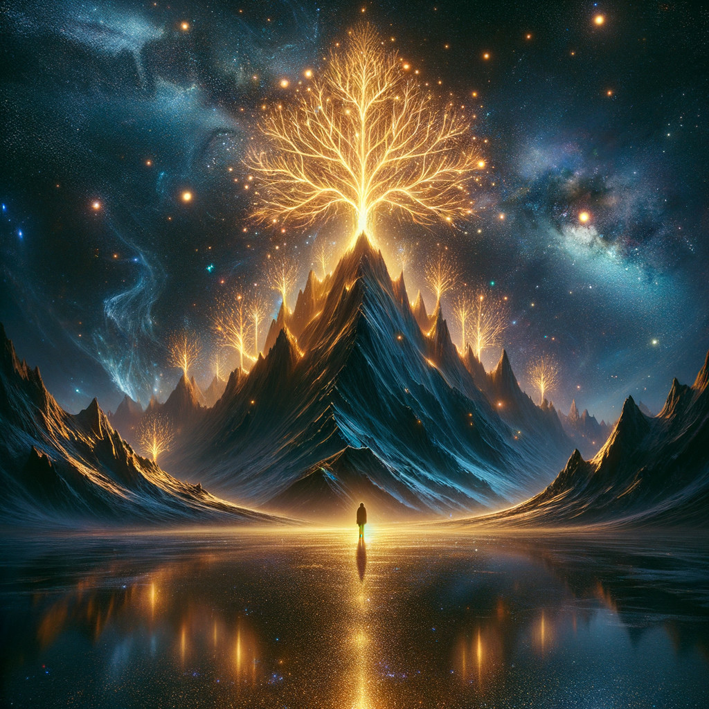 Majestic Mountain Landscape with Starry Sky and Tree