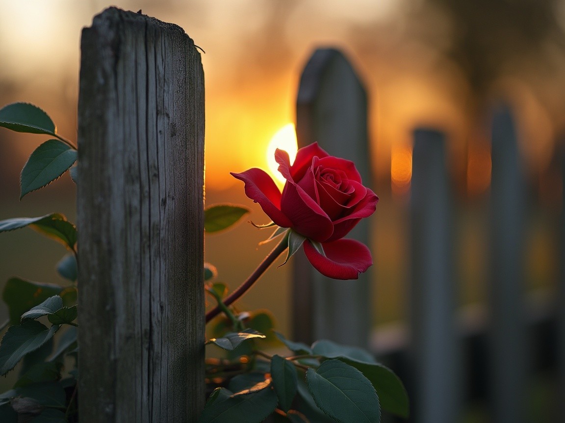 Red Rose Blooming by Rustic Fence at Sunset