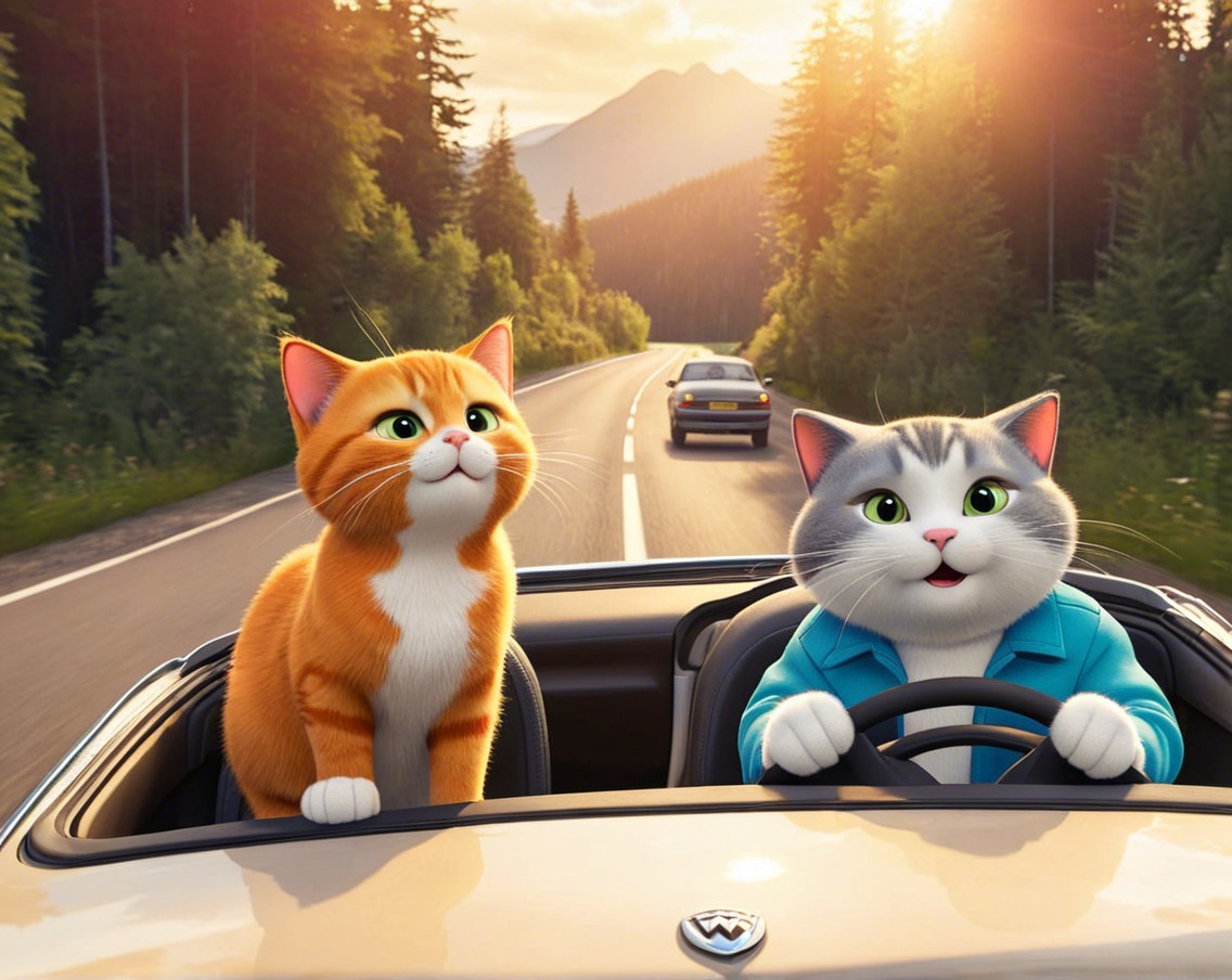 Animated Cats in Convertible Amid Scenic Landscape