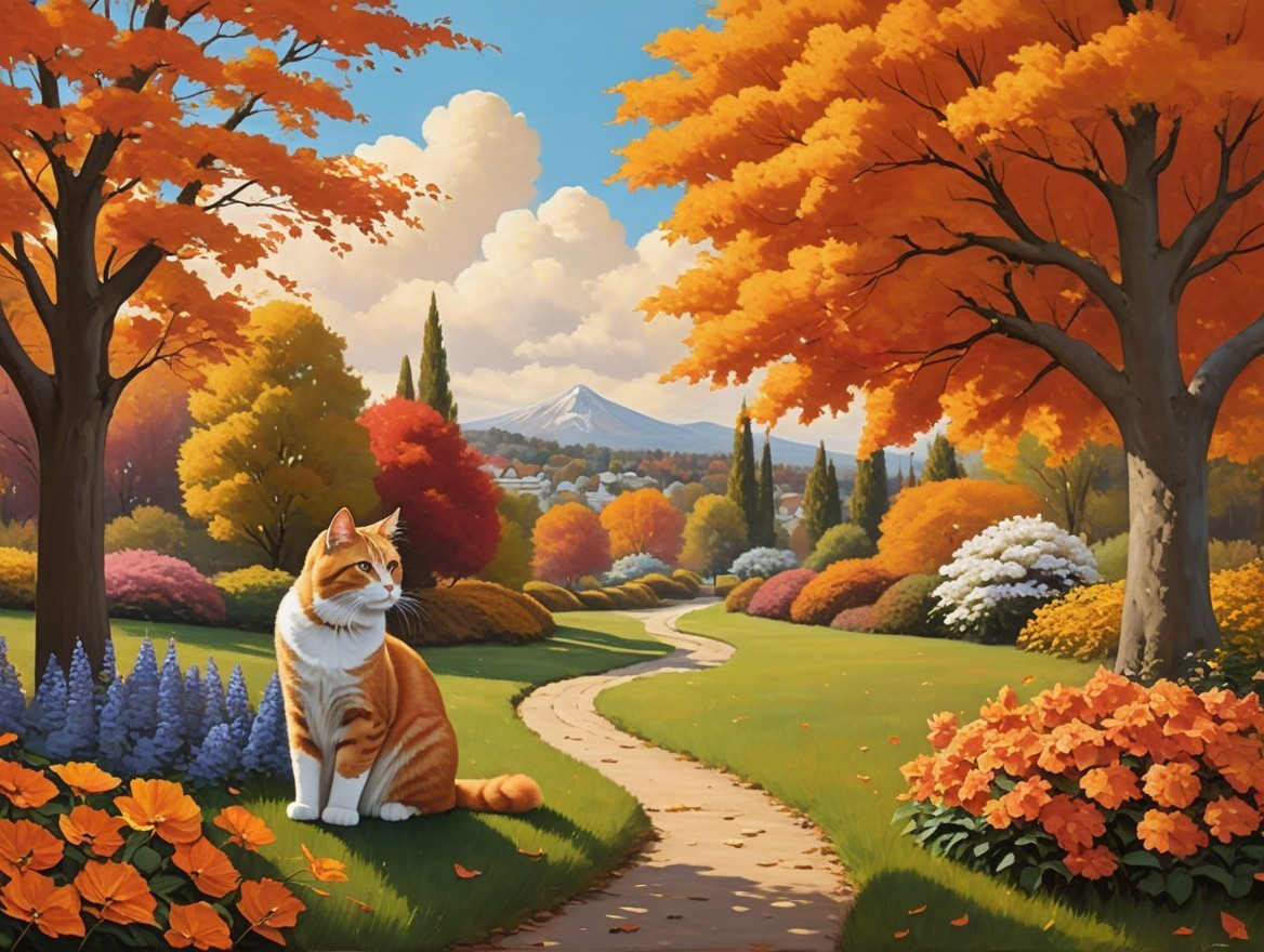 Autumn Landscape with Pathway and Ginger Cat
