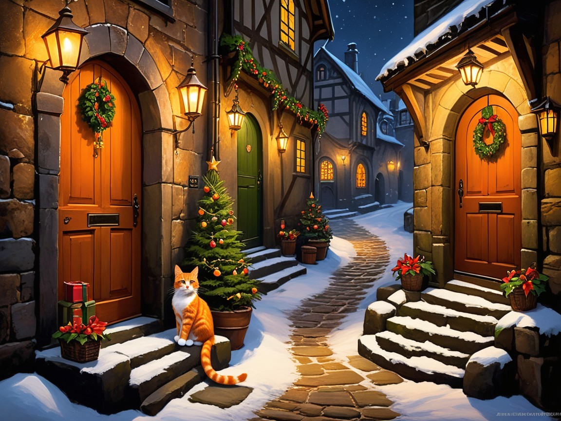 Vibrant Christmas Scene in Snowy Medieval Village Alley