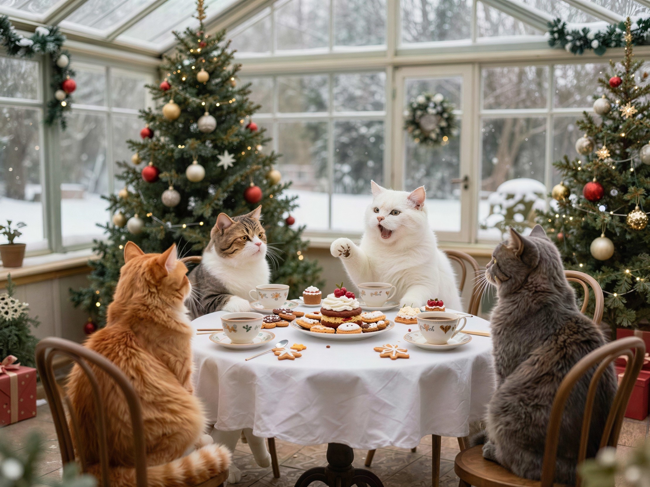Cats Gather at Circular Table with Holiday Decor