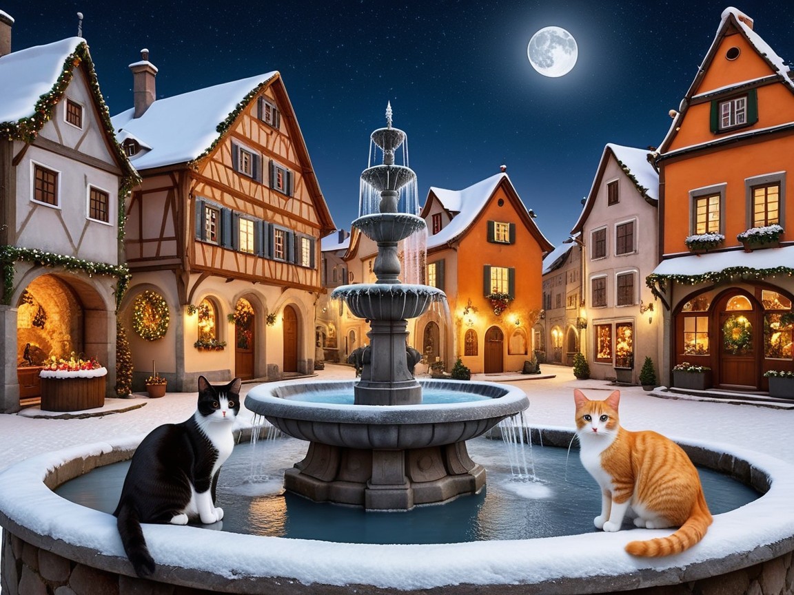 Cats on Snowy Fountain in European Village Square