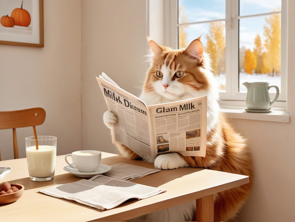 Fluffy Cat Reading Newspaper at Cozy Table