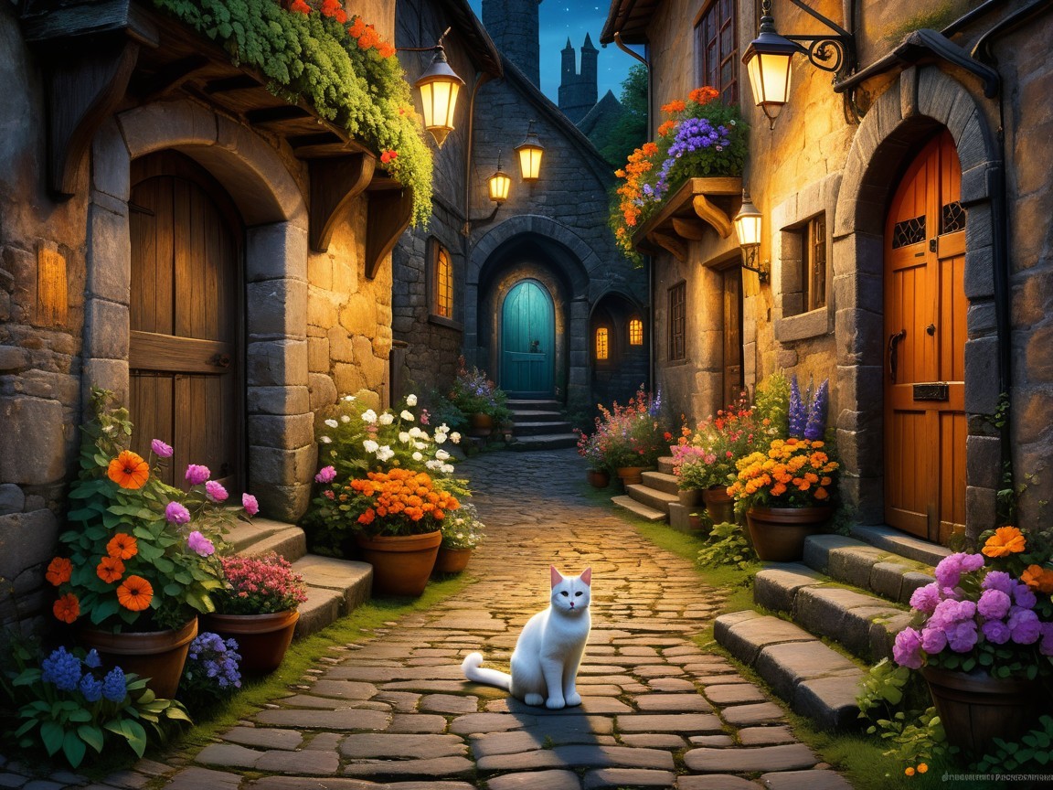 Charming Cobblestone Alleyway with Vibrant Flowers