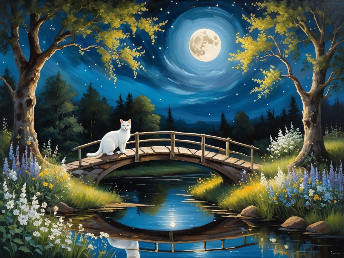 White Cat on Wooden Bridge Under Full Moonlight