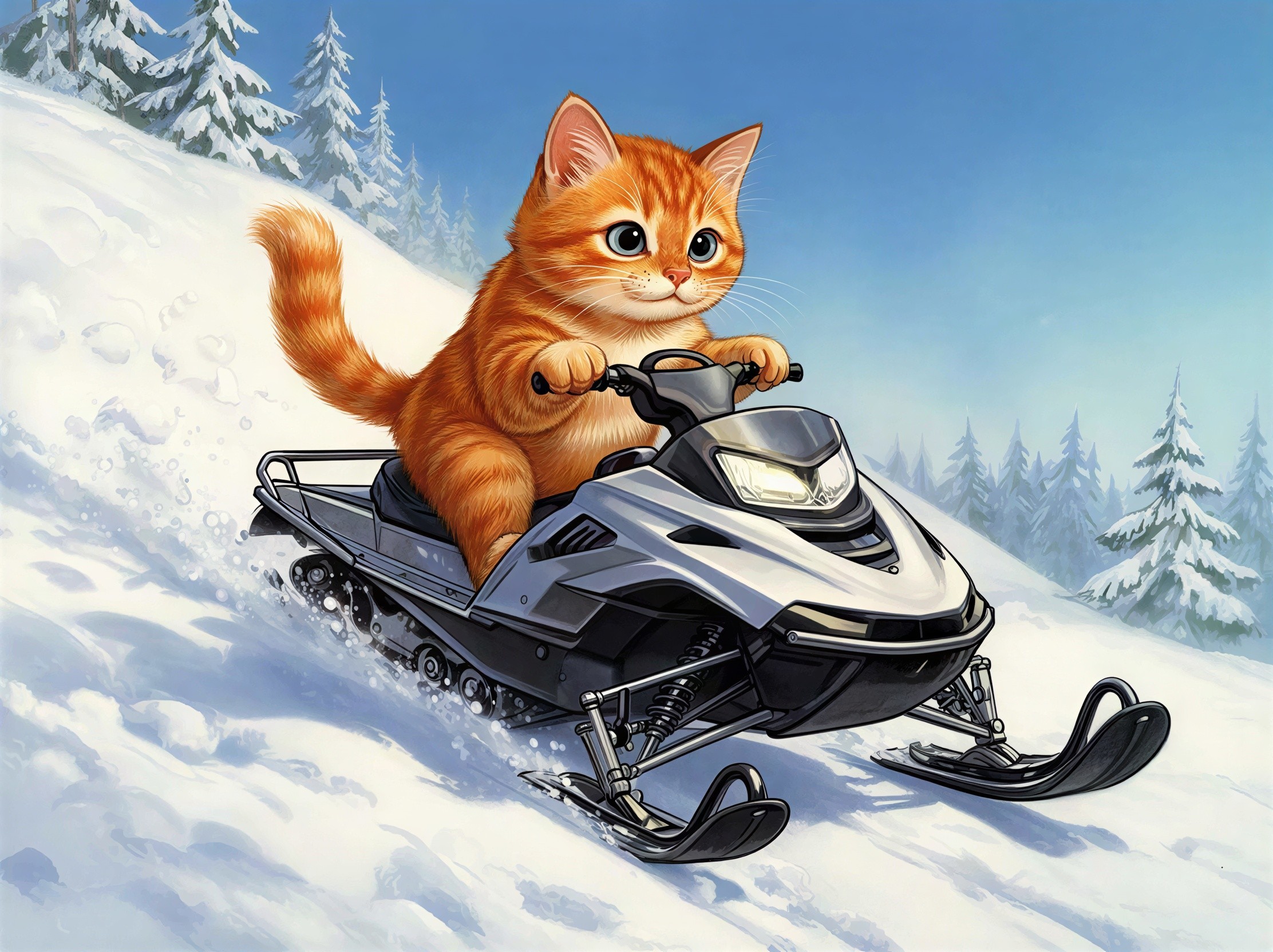 Playful Orange Tabby Cat on Snowmobile in Snowy Landscape