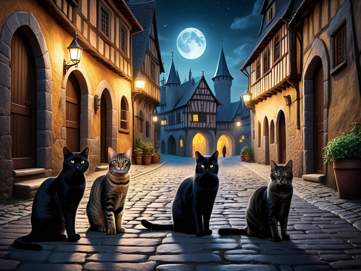 Medieval Street Scene with Cats Under Moonlight
