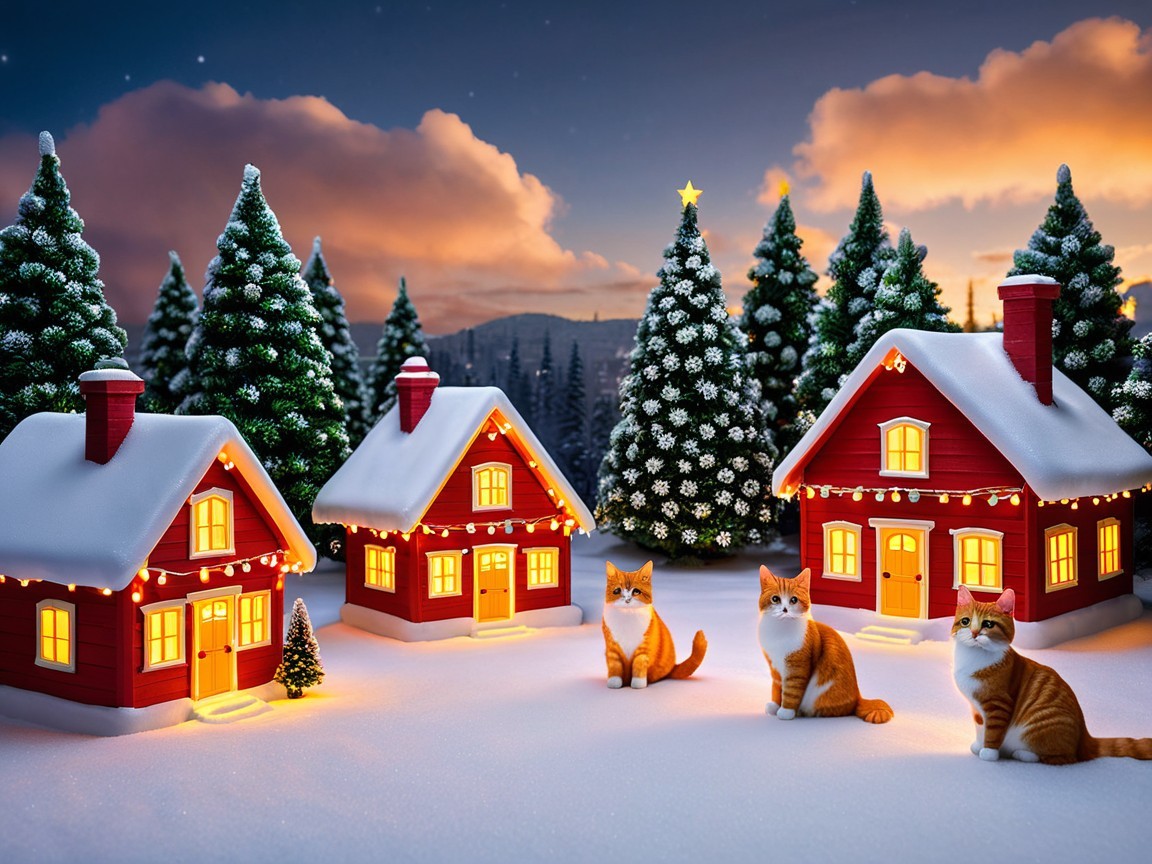 Orange and white cats in snowy landscape with toy houses