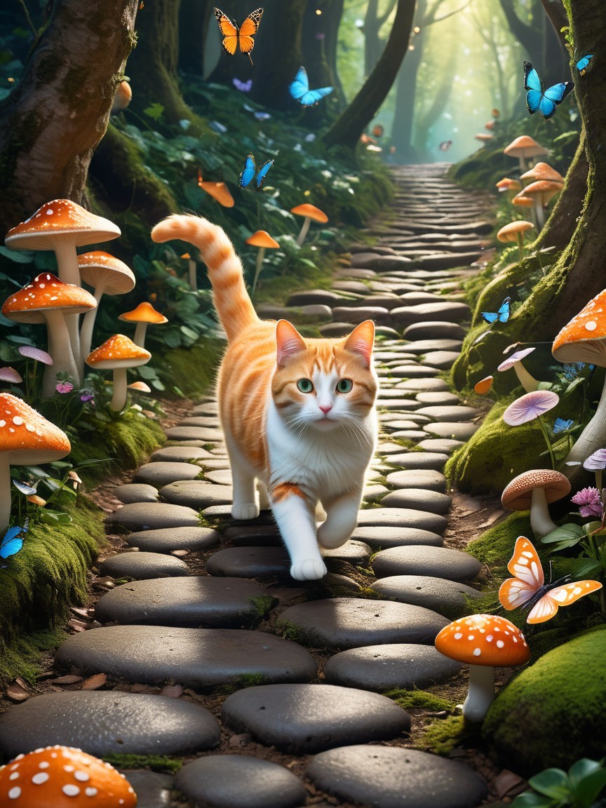 Whimsical Forest Path with Cat and Butterflies