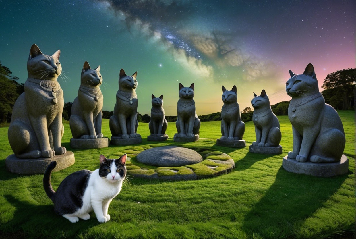 Stone Cat Statues in a Starry Field with Real Cat
