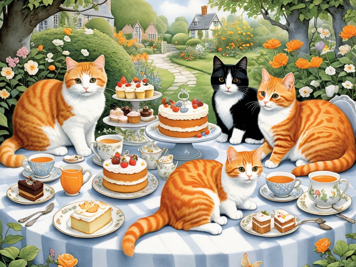 Charming Garden Picnic with Four Adorable Cats