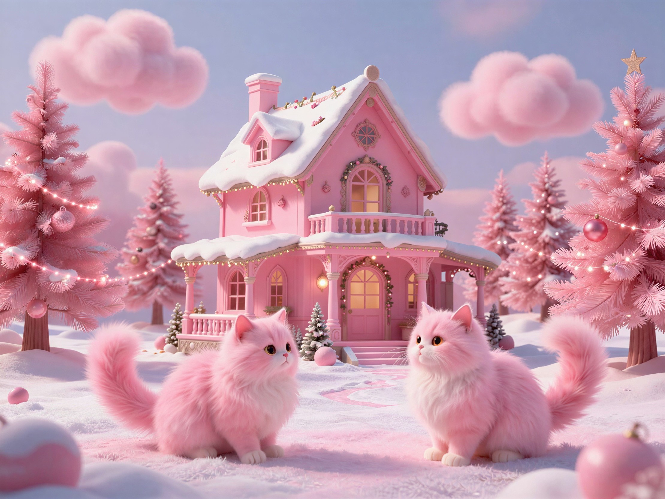Winter Landscape with Pink House and Cats in Snow