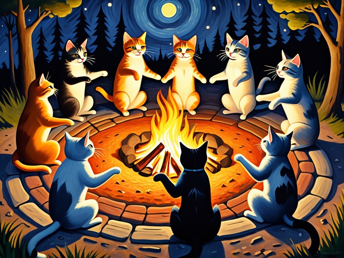 Cats Gathered Around a Campfire in a Forest at Night