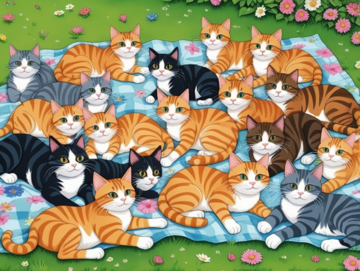 Diverse Cats Relaxing on Blue Checkered Blanket Outdoors