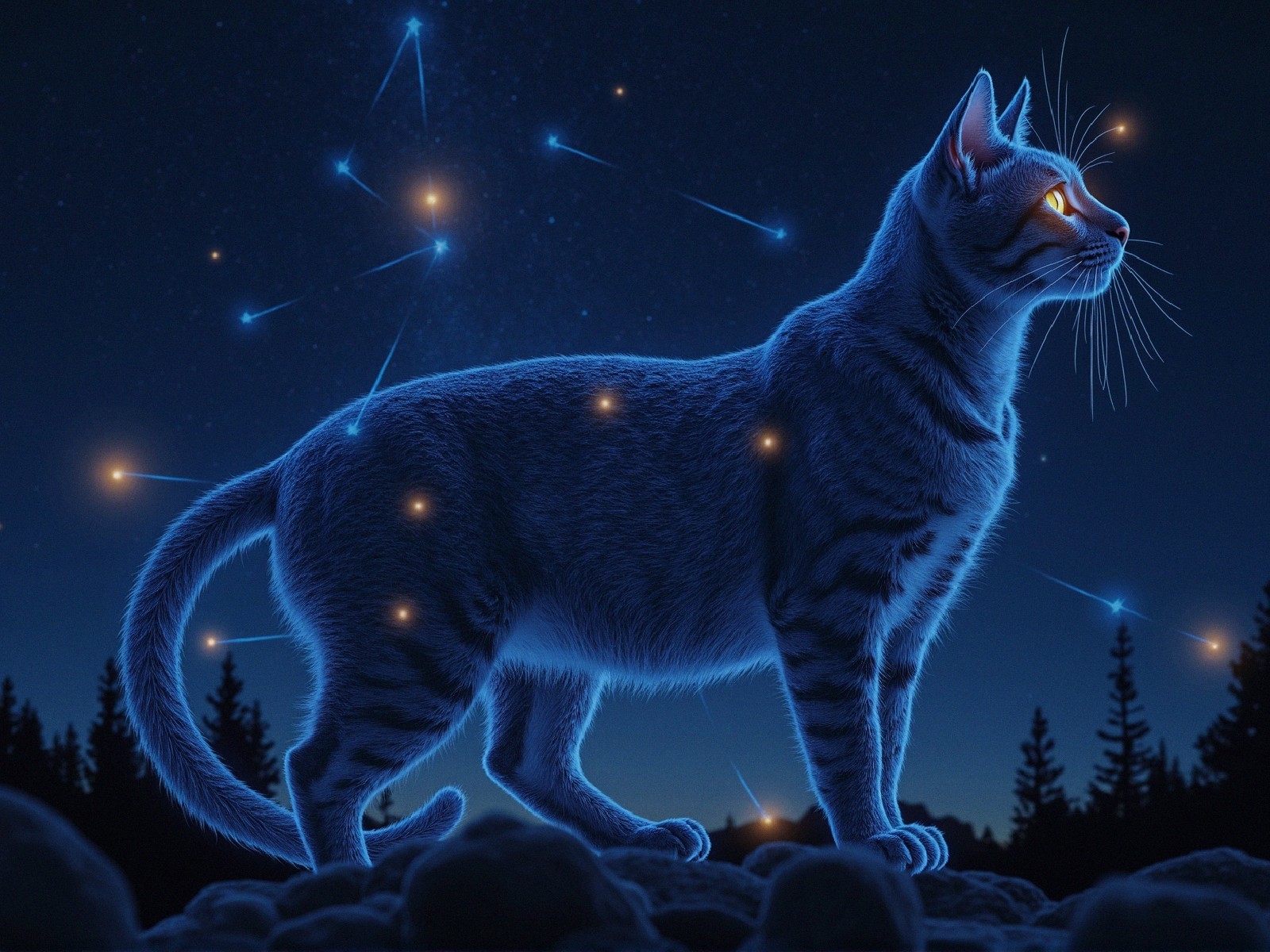Luminescent Cat Silhouette Against Starry Night Sky
