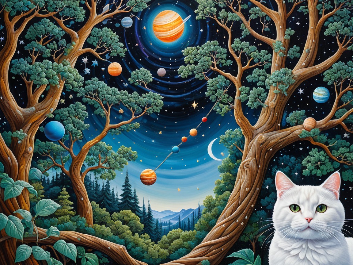 Surreal Scene of a White Cat and Cosmic Elements