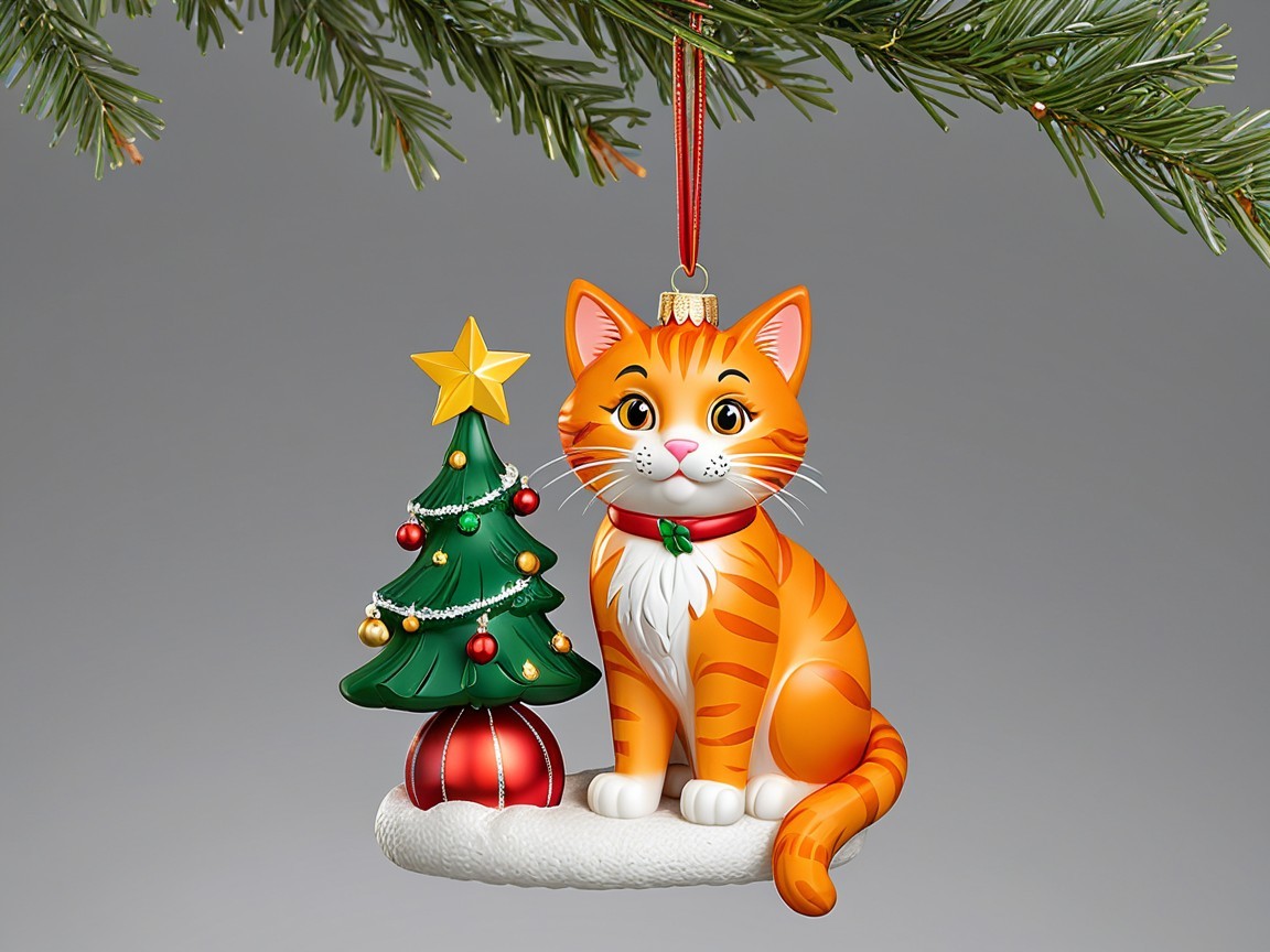 Animated Orange Tabby Cat Christmas Ornament Description