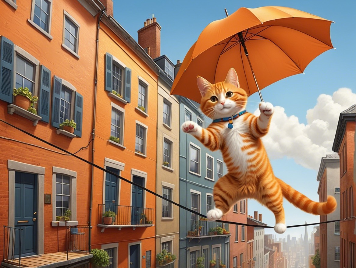 Cheerful Tabby Cat with Umbrella on Colorful Clothesline