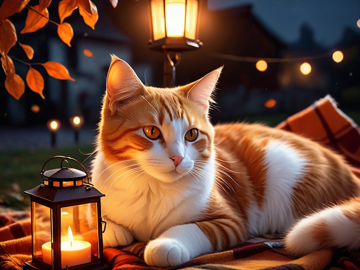 Serene Evening Scene with Cat and Cozy Blanket
