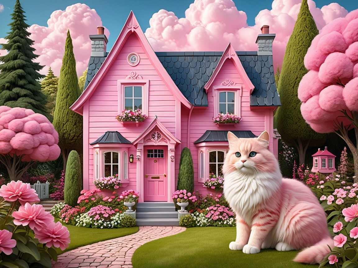 Whimsical Pink House with Fluffy Trees and Cat