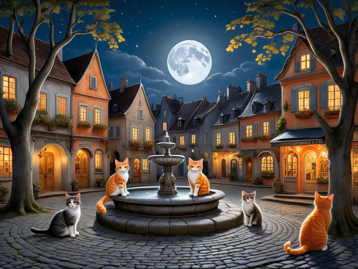 Moonlit Village with Cobblestone Streets and Cats